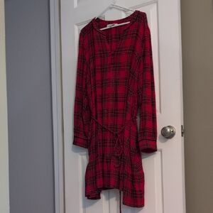 LOFT Red Plaid Tie-Waist Tunic Dress